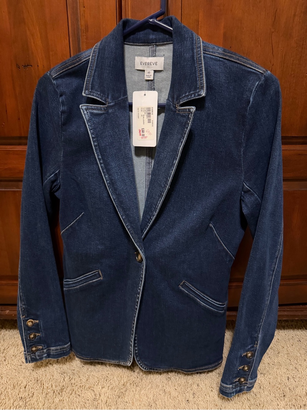 NWT EVEREVE Single-Button Denim Blazer Jacket Medium Blue Wash Size XS